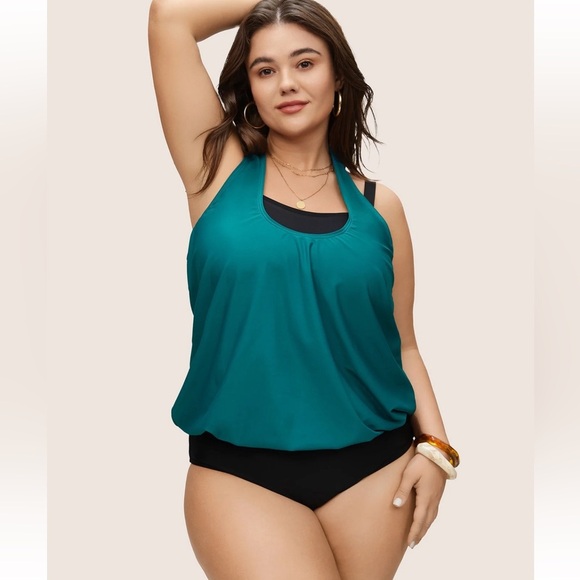 BloomChic Plus Size Contrast Halter Bowknot Patchwork One Piece Swimsuit - Picture 1 of 7